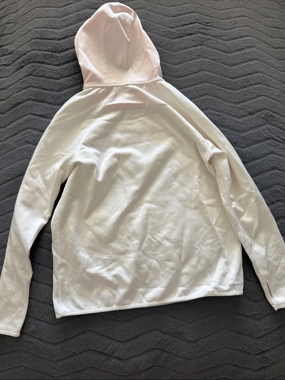 Nike White Sweatshirt with Neon Coral-Outlined Patterned Swoosh